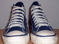 1970s Blue High Top Chucks  Front view of 1970s navy blue high tops.