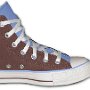 2-Tone Chucks  Brown and light blue 2-tone high top, catalog view showing left inside patch, front, and rear views.