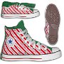 2-Tone Chucks  Candy cane stripe and green 2-tone foldover high top chucks, side and sole views.