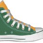 2-Tone Chucks  Green and gold 2 tone high top, left inside patch, front, and rear heel patch views.