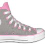 2-Tone Chucks  New grey and pink 2 tone high top, catalog view showing left inside patch, front, and rear views.