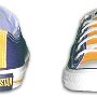 2-Tone Chucks  Purple and gold 2 tone low cut, rear heel patch and front views.