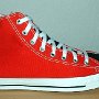2-Tone Chucks  Red and black right 2-tone high top, outside view.