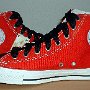 2-Tone Chucks  Red and black 2-tone high tops, new with tag and black wide laces, inside patch view.