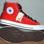 2-Tone Chucks  Red and black 2-tone high tops, new with tag and wide black laces, inside patch and outsole views.