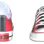 2-Tone Chucks  Red and black 2 tone low cuts, rear heel patch and front views.