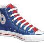 2-Tone Chucks  Royal and red 2 tone high top, angled inside patch view.