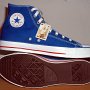 2-Tone Chucks  Royal blue and red 2-tone high tops, new with tag, inside patch and outsole views.
