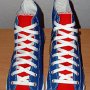 2-Tone Chucks  Royal blue and red 2-tone high tops, new with tag, top view.