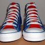 2-Tone Chucks  Royal blue and red 2-tone high tops, new with tag, front view.