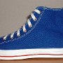 2-Tone Chucks  Royal blue and red 2-tone high tops, outside view.