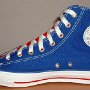 2-Tone Chucks  Right royal blue and red 2-tone high top, inside patch view.