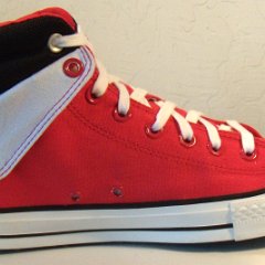 Crimson Red Peel Back High Top Chucks  Inside patch view of the left crimson peel back high top.