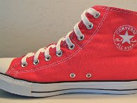 Red Foldover High Top Chucks  Inside patch view of a laced up right red foldover double upper high top.