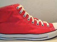 Red Foldover High Top Chucks  Outside view of a laced up right red foldover double upper high top.
