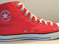 Red Foldover High Top Chucks  Inside patch view of a laced up left red foldover double upper high top.