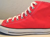 Red Foldover High Top Chucks  Outside view of a laced up left red foldover double upper high top.