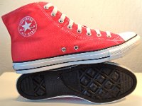 Red Foldover High Top Chucks  Inside patch and sole views of laced up red foldover double upper high top chucks.