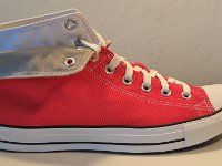 Red Foldover High Top Chucks  Outside view of the folded down right red foldover double upper high top.