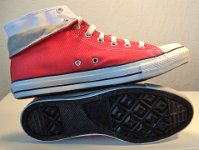 Red Foldover High Top Chucks  Inside patch and sole views of folded down red foldover double upper high top chucks.