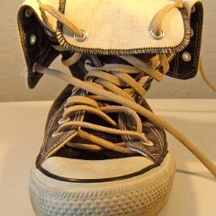 KN001 Black and White Made in USA Chucks  Front folded down view of the left black and white kneehi chuck.