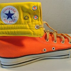 KH002 Orange/Yellow Made in USA KneeHi Chucks  Snapped down view of the left orange and yellow kneehi chuck.
