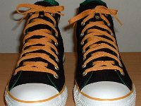 Black/Green/Amber Foldover High Top Chucks  Front view of laced black, green, amber foldovers, showing one way to use the lacing snaps.