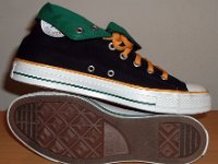 Black/Green/Amber Foldover High Top Chucks  Inside patch and sole views of black, green, amber foldovers rolled down to the sixth eyelet.