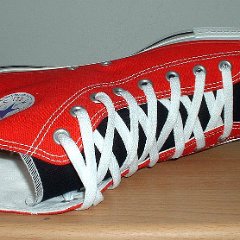 Red/Black 2-Tone High Top Chucks  Red and black right 2-tone high top, top and inside patch view.