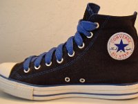 Black and Royal Roll Down High Top Chucks  Right inside patch view of the black and royal blue high tops with fat royal shoelaces.