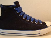 Black and Royal Roll Down High Top Chucks  Right outside view of the black and royal blue high tops with fat royal shoelaces.
