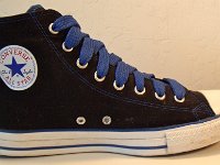 Black and Royal Roll Down High Top Chucks  Left inside patch view of the black and royal blue high tops with fat royal shoelaces.
