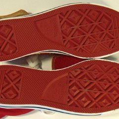 Red/Gold Roll Down High Top Chucks  Outer sole view.