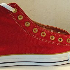 Red/Gold Roll Down High Top Chucks  Outside view of the red/gold roll down right high top.