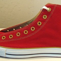 Red/Gold Roll Down High Top Chucks  Outside view of the red/gold roll down left high top.