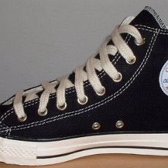 Black/Parchment Hemp High Top Chucks  Right black hemp high top with hemp laces, inside patch view.