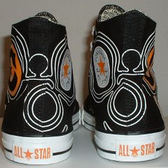 Black/White/Orange Converse Century Print High Top Chucks  Rear view of black, white, and orange century print high tops.