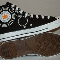 Black/White/Orange Converse Century Print High Top Chucks  Inside patch and sole views of black, white, and orange century print high tops.