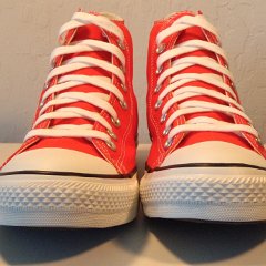 Cherry Tomato High Top Chucks  Front view of the cherry tomato high tops.