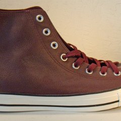 SCH49 Maroon Leather High Top Chucks  Outside view of the SCH49 Maroon Leather right high top.