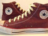 Washed Andorra Red High Top Chucks  Inside patch views of washed Andorra red high top chucks.