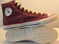 Washed Andorra Red High Top Chucks  Inside patch and sole views of washed Andorra red high top chucks.