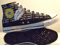 Bart Simpson High Top Chucks  Inside patch and outer sole views of Bart Simpson print high top chucks.