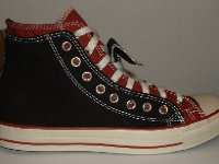 Black and Brick Red Double Upper High Top Chucks  Outside view of a right black and brick red double upper high top.