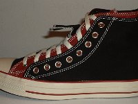 Black and Brick Red Double Upper High Top Chucks  Outside view of a left black and brick red double upper high top.