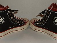 Black and Brick Red Double Upper High Top Chucks  Angled rear view of black and brick red double upper high tops.