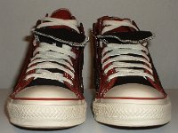 Black and Brick Red Double Upper High Top Chucks  Front view of black and brick red double upper high tops.