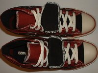 Black and Brick Red Double Upper High Top Chucks  Top view of black and brick red double upper high tops.