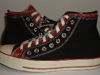 Black and Brick Red Double Upper High Top Chucks  Outside views of black and brick red double upper high tops.