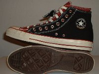 Black and Brick Red Double Upper High Top Chucks  Inside patch and sole views of black and brick red double upper high tops.